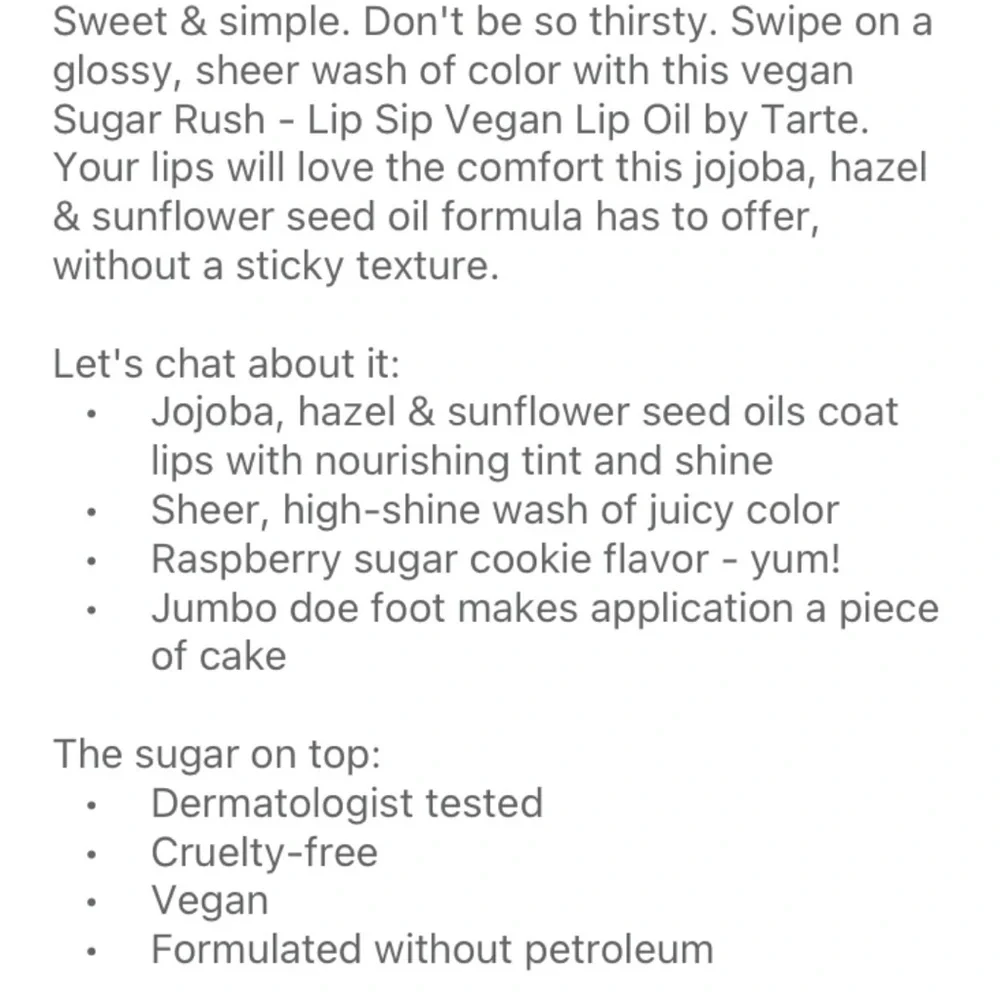 TARTE Sugar Rush Lip Sip Vegan Lip Oil Lip Gloss - New Sealed